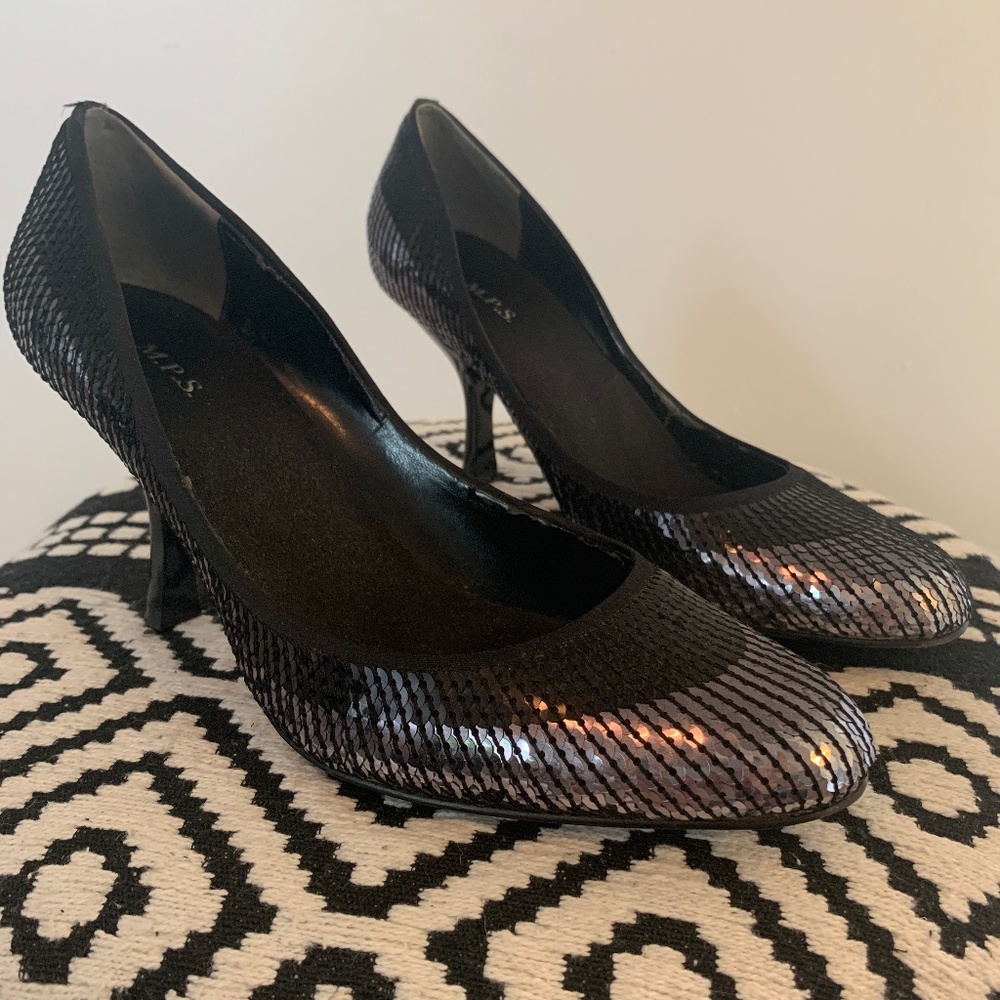 M.P.S | sequined kitten heel | size: 7 | women’s | black and metallic silver